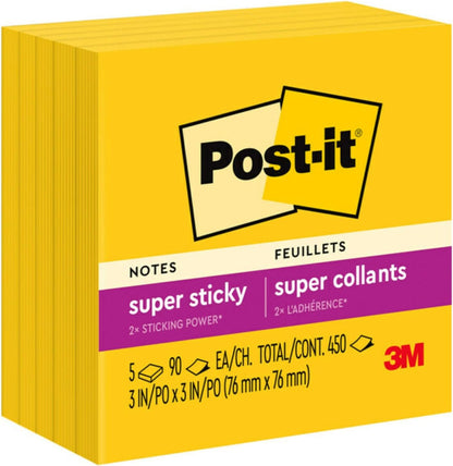 Post-it Super Sticky Notes, 5 Sticky Note Pads, 3 x 3 in., School Supplies, Office Products, for Vertical Surfaces, Monitors, Walls and Windows, First Snow White