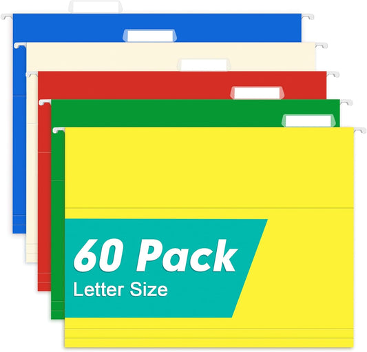 HERKKA Hanging File Folders, 60 Pack Reinforced Letter Size Hanging Folders, Designed for Bulky Files, Filing Cabinet, 1/5-Cut Adjustable Tabs (Black)