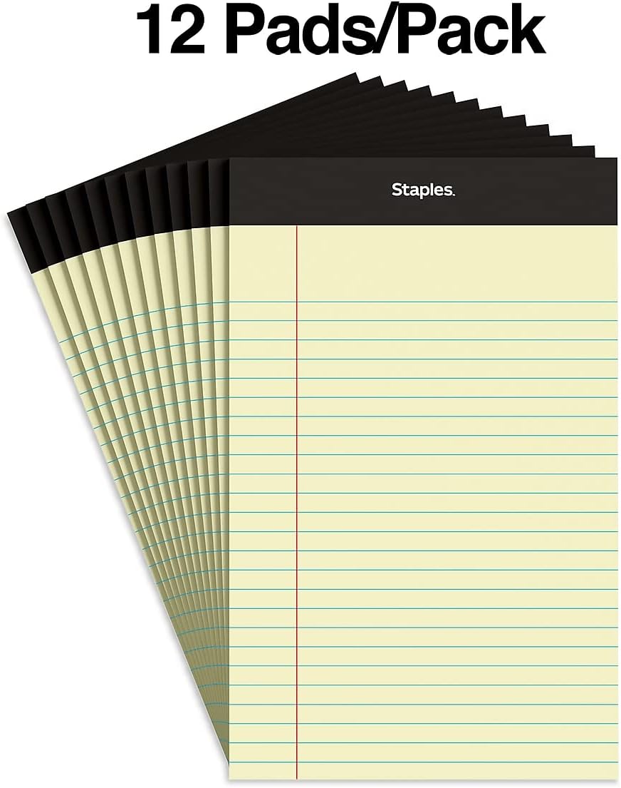 STAPLES Notepads, 5” x 8”, Narrow Ruled, White, 50 Sheets/Pad, 12‑Pack