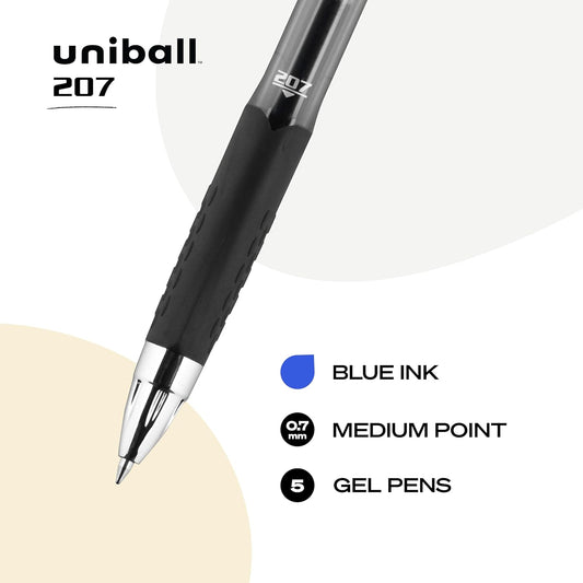 Uniball Signo 207 Blue Retractable Gel Pens 5 Pack with Medium 0.7mm Points, Fraud Proof and the Best Office, Nursing, Business, School, and Bible Pens