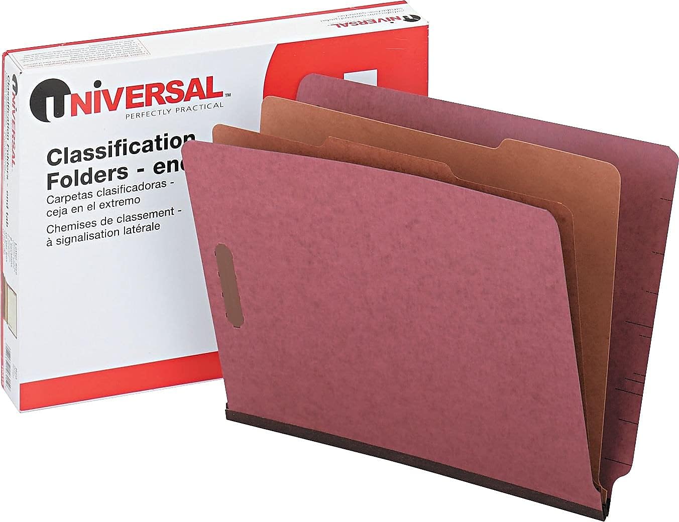 Universal Red Pressboard End Tab Classification Folders, 2" Expansion, 2 Dividers, 6 Fasteners, Letter Size, Red Exterior, 10/Box