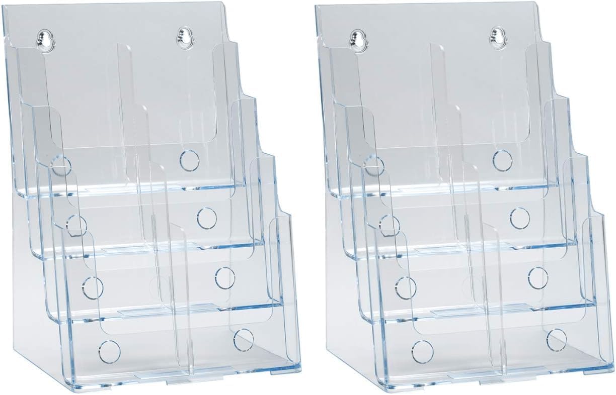 Azar Displays 252376 Four Tier, Four Pocket Letter Brochure File Holder for Flyer, Office Supplies, Paper Document or Magazines, Clear Organizer for Wall and Counter Desktop Stand, 8.5" x 11"