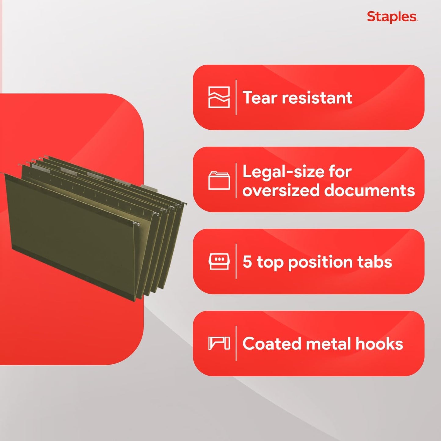 Staples Hanging File Folders, Legal Size, Straight‑Cut Tabs, Standard Green, Durable Filing Solution – 25/Box