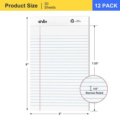 ViVin Legal Pads 8.5 x 11 Inch, Wide Ruled Note Pads, 12 Pack, 50 Sheet/Pad, Perforated Writing Pads, Notepads for Office Home School, 600 Sheets, White Paper