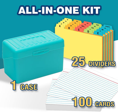 H4D 3x5 Index Card Holder with 100 Heavyweight Ruled Index Cards and 25 Plastic Dividers, Black