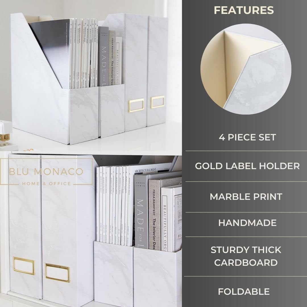 BLU MONACO | Cardboard Magazine File Holder Set of 4 | Vertical Magazine File Holder for Desk and Shelves | Standing File Holder for Classroom School Paper Storage