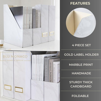 BLU MONACO | Cardboard Magazine File Holder Set of 4 | Vertical Magazine File Holder for Desk and Shelves | Standing File Holder for Classroom School Paper Storage