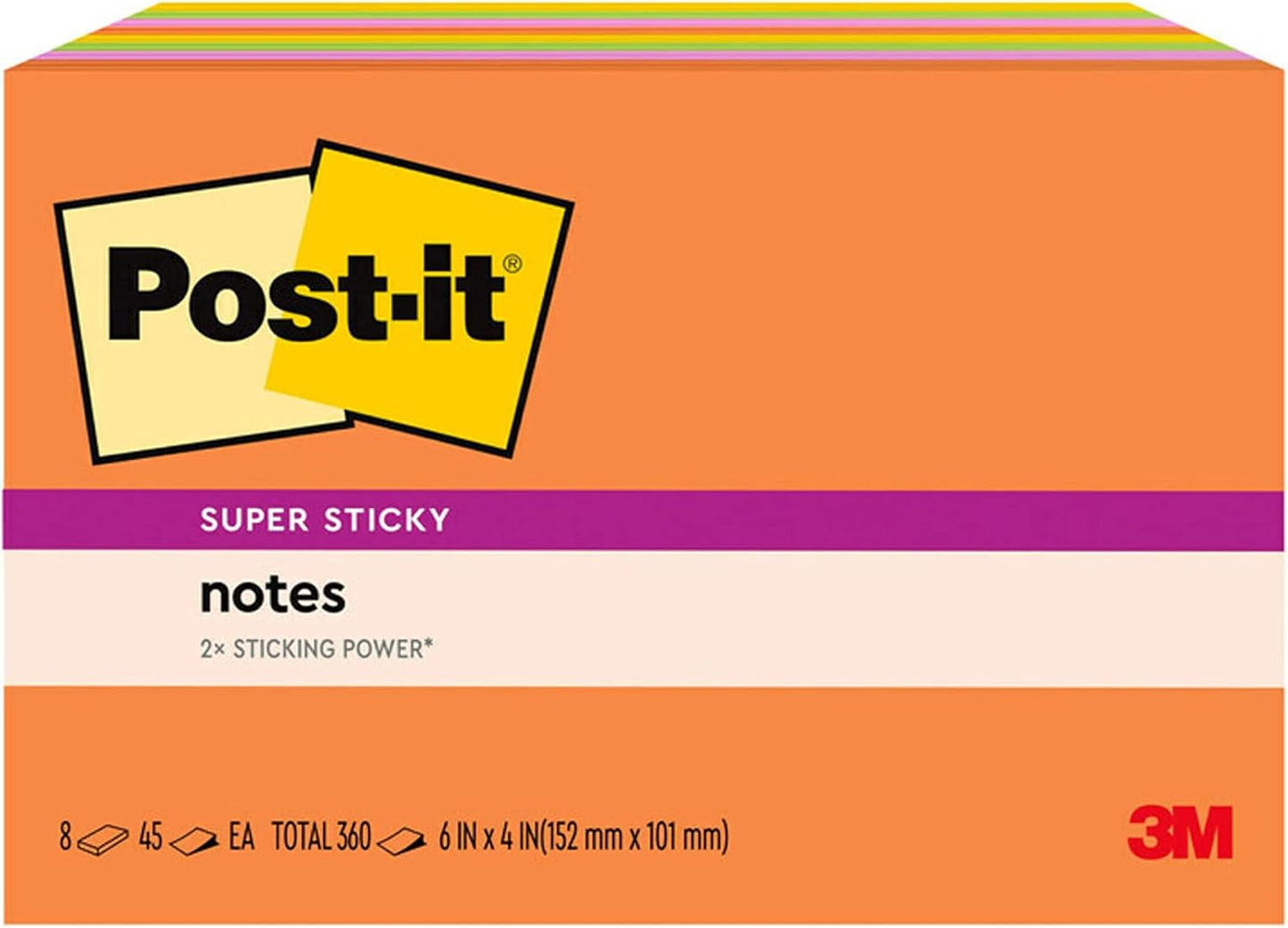 Post-it Super Sticky Notes, 8 Sticky Note Pads, 6 x 4 in., School Supplies, Office Products, Sticky Notes for Vertical Surfaces, Monitors, Walls and Windows, Energy Boost Collection