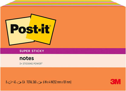 Post-it Super Sticky Notes, 8 Sticky Note Pads, 6 x 4 in., School Supplies, Office Products, Sticky Notes for Vertical Surfaces, Monitors, Walls and Windows, Energy Boost Collection