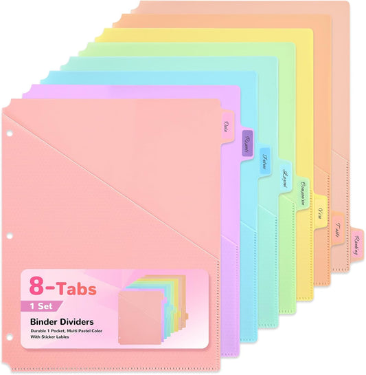 SUIN 8 Tab Binder Dividers with Pockets - Heavy Duty Plastic Dividers for 3 Ring Binder, Letter Size Poly Page Separators with Tabs & Label Stickers, Diamond Texture, 8 Pastel Colors, 2-Pack