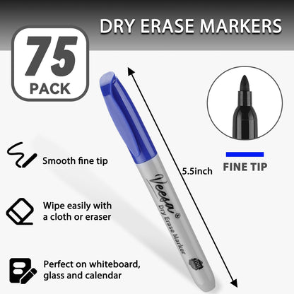 VEESA Dry Erase Markers (Black Red Blue), Fine Tip, 75 Count Low-Odor Whiteboard Marker Pens for Office School Home