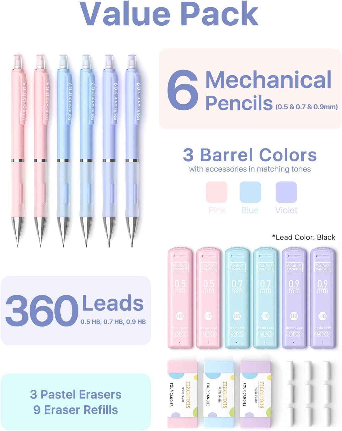 Four Candies Cute Mechanical Pencils 0.7mm, Pencil Set with 360PCS Lead Refills & Pastel Erasers, School Supplies with Case