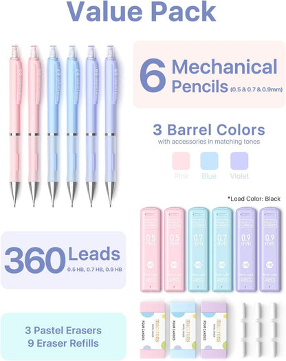 Four Candies Cute Mechanical Pencils 0.7mm, Pencil Set with 360PCS Lead Refills & Pastel Erasers, School Supplies with Case