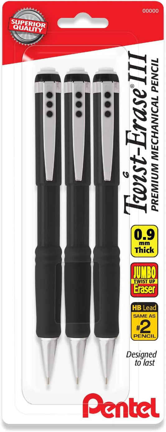 Pentel Mechanical Pencil 0.9 mm Twist Erase III, Twist Up Eraser, Pre-Loaded Super Hi-Polymer HB Lead, Black Barrel, 3-Pack