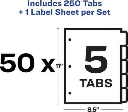 Avery 5 Tab Dividers for 3 Ring Binder, Easy Print & Apply Clear Label Strip, Index Maker Customizable White Tabs, 25 Sets (11446)