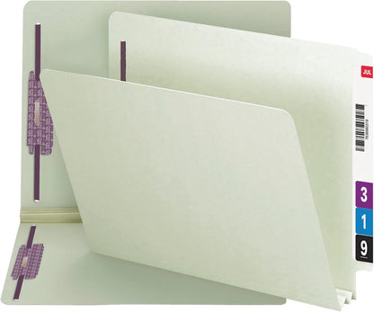 Smead End Tab Pressboard Fastener File Folder with SafeSHIELD Fasteners, 2 Fasteners, 1" Expansion, Letter Size, Gray/Green, 25 per Box (34705)