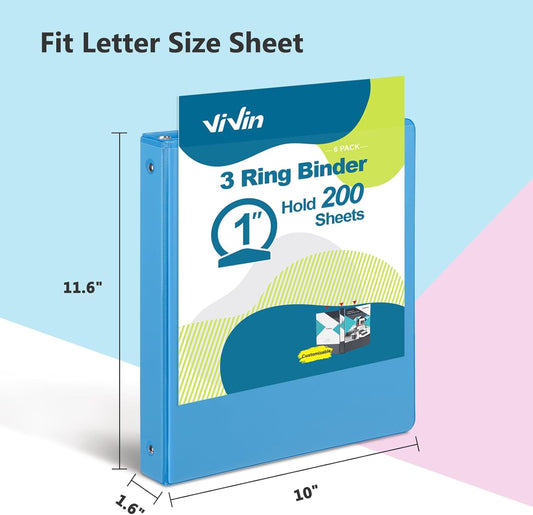 ViVin 2 Inch Round Ring View Binder for Durability, Standard 3 Ring Binder for 450 Sheets of US Letter Size Paper, PVC-Free, 6-Pack (Assorted)