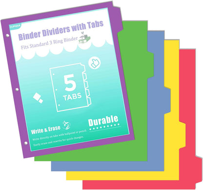 3 Ring Binder Dividers with Tabs - 5-Tab Plastic Dividers for 8.5x11 Binders, Reusable Write & Erase Tabbed Dividers | Rainbow Color 3 Sets, School Classroom Organizer