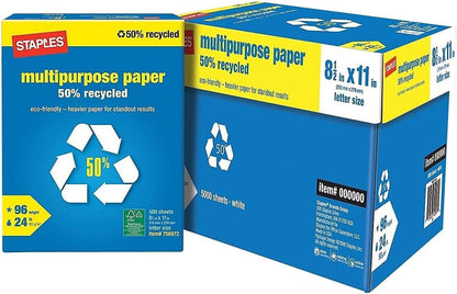 Staples 100% Recycled 8.5-Inch x 11-Inch Copy Paper 20 lbs 92B 500/Ream 10 Ream/Count, For Office, School & Home