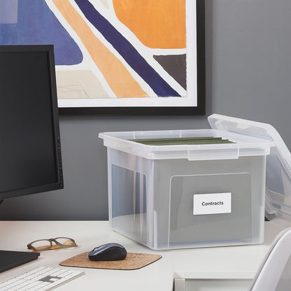 STAPLES File Folder Tote, Portable Filing Box for Letter SIze Hanging Folders, Security Latch & Built-In Lid Organizer, Black/Clear