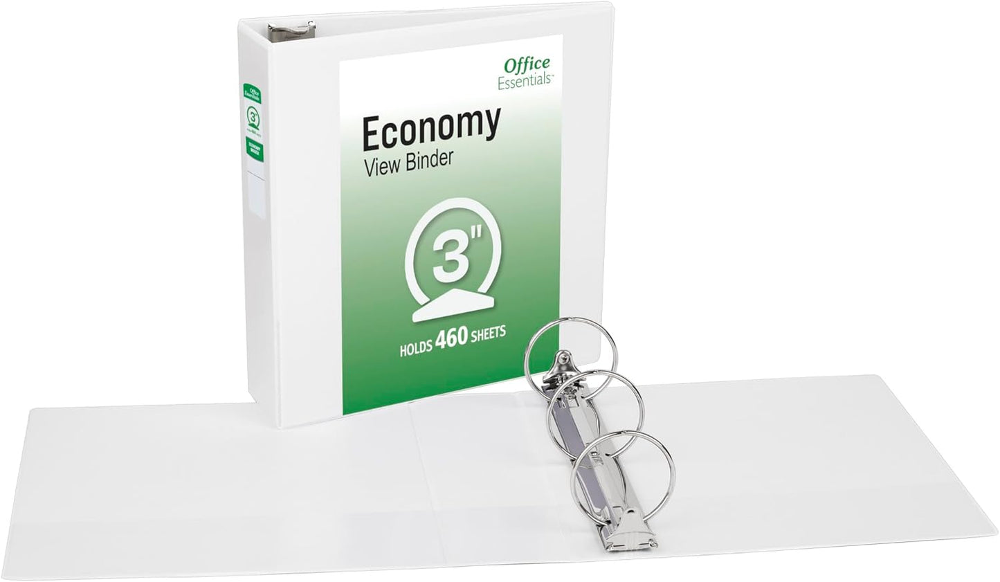 Office Essentials Economy View 3 Ring Binders, 3" Round Rings, 3.5" Spine, 460-Sheet Capacity, White Binders (4-Pack of 03148)