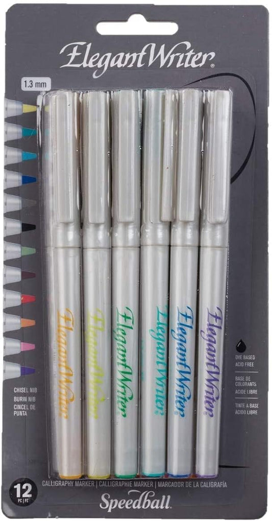 Speedball Elegant Writer Calligraphy 6 Marker Set, Assorted Colors, 3.0 mm Chisel Nib Tip Pens for Drawing, Journaling, and Scrapbooking