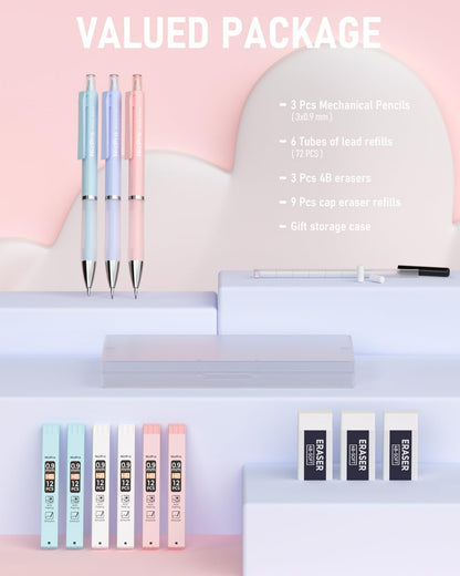 Nicpro 3PCS Cute Mechanical Pencil Set with Case, 0.7 mm Pencils with 6 Tube HB Lead Refill, 3PCS Eraser, 9PCS Eraser Refill for School Supplies Student Writing, Drafting Drawing Sketching