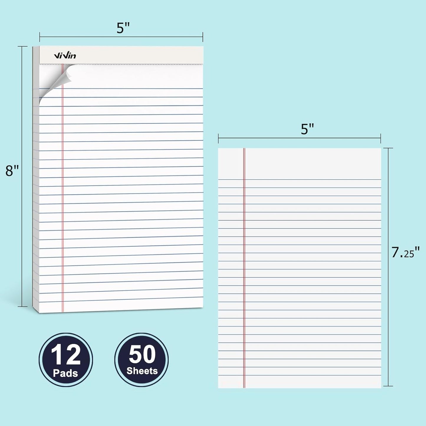 ViVin Legal Pads 8.5 x 11 Inch, Wide Ruled Note Pads, 12 Pack, 50 Sheet/Pad, Perforated Writing Pads, Notepads for Office Home School, 600 Sheets, White Paper