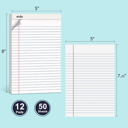 ViVin Legal Pads 8.5 x 11 Inch, Wide Ruled Note Pads, 12 Pack, 50 Sheet/Pad, Perforated Writing Pads, Notepads for Office Home School, 600 Sheets, White Paper