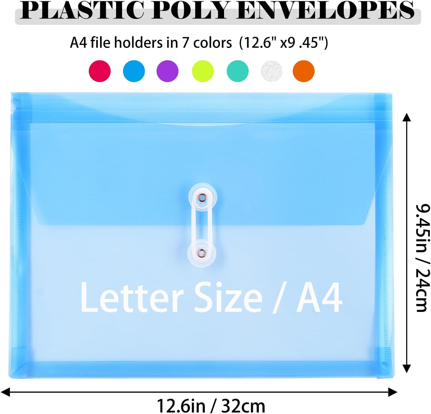 A4 Letter Size Plastic Poly Envelopes with Button and String Tie Closure, 1-1/4" Expansion Clear File Folders Side Loading Documents Organizer for Home School and Office Supplies (7)