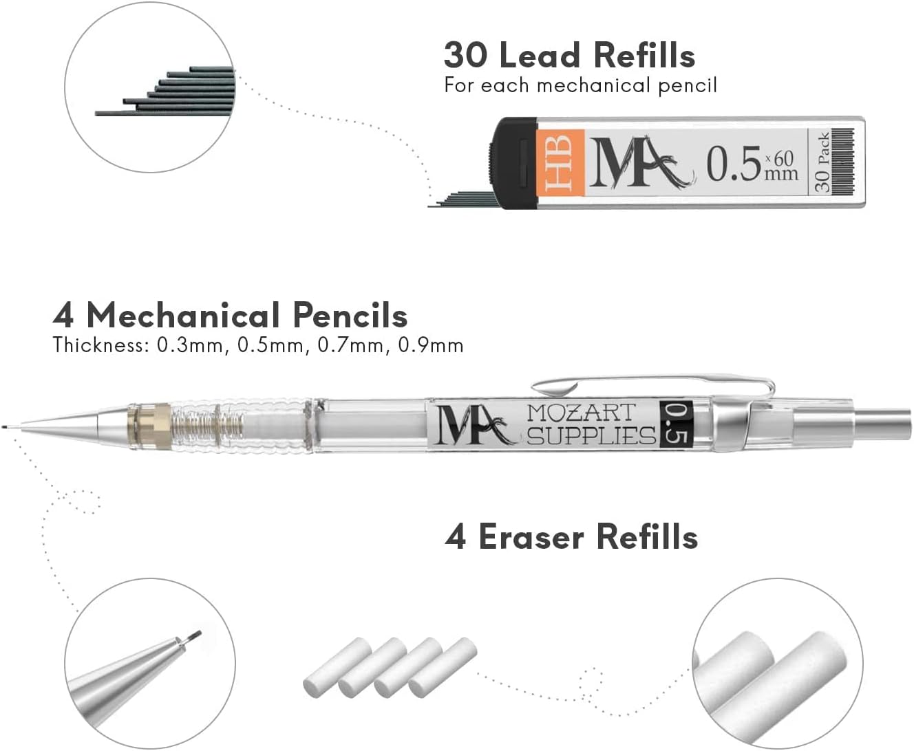 Mozart Essential Set of Lead Refills - 4 Sizes: 0.3, 0.5, 0.7 & 0.9 mm with 100 HB Lead Refills for Each - for Sketch, Architecture, Drafting, Art, Drawing Supplies, Metal Mechanical Pencils