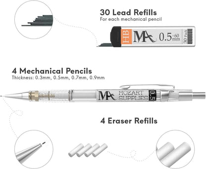 Mozart Essential Set of Lead Refills - 4 Sizes: 0.3, 0.5, 0.7 & 0.9 mm with 100 HB Lead Refills for Each - for Sketch, Architecture, Drafting, Art, Drawing Supplies, Metal Mechanical Pencils