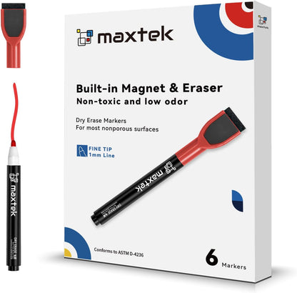 maxtek Magnetic Black Dry Erase Markers, 6 Count Fine Tip Whiteboard Markers with Eraser, Thin Markers Low Odor for Classroom, Office, Home
