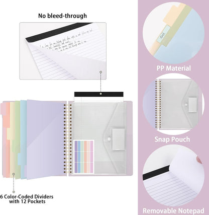 SKYDUE Clipboard Folder with Storage, 6 Dividers with 12 Pockets for Letter Size, Storage Clipboard Folio with Refillable Notepad, Spiral Clipboards Padfolio for Teacher Worker Nurse