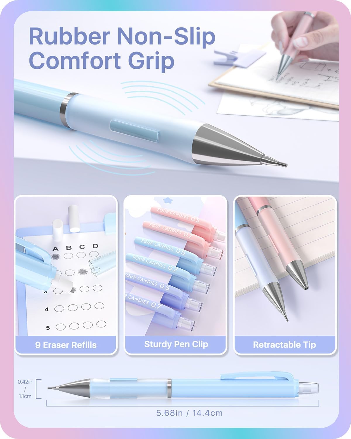 Four Candies Cute Mechanical Pencils 0.7mm, Pencil Set with 360PCS Lead Refills & Pastel Erasers, School Supplies with Case