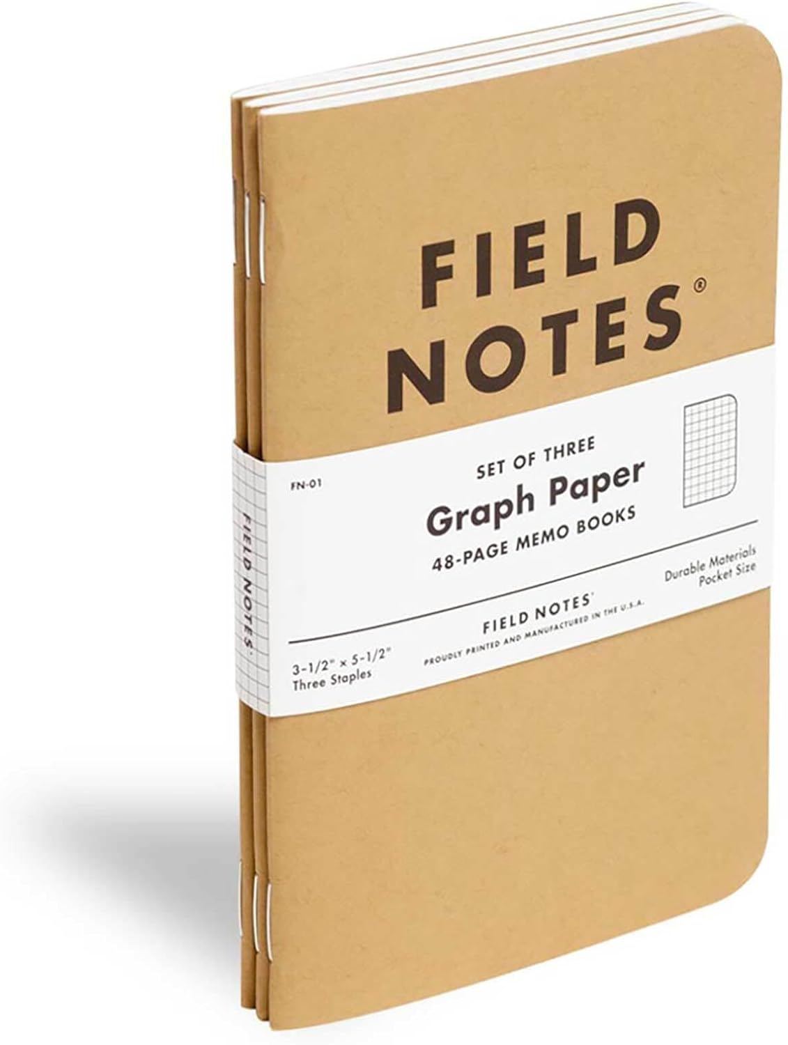 Field Notes: Original Kraft 3-Pack - Mixed Paper (1 Graph/Grid, 1 Ruled/Lined, 1 Plain/Blank) Memo Books - 48 Page Pocket Notebooks - 3.5" x 5.5"