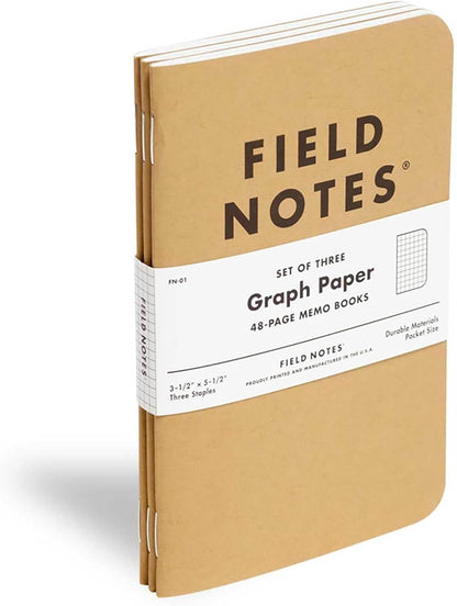 Field Notes: Original Kraft 3-Pack - Mixed Paper (1 Graph/Grid, 1 Ruled/Lined, 1 Plain/Blank) Memo Books - 48 Page Pocket Notebooks - 3.5" x 5.5"
