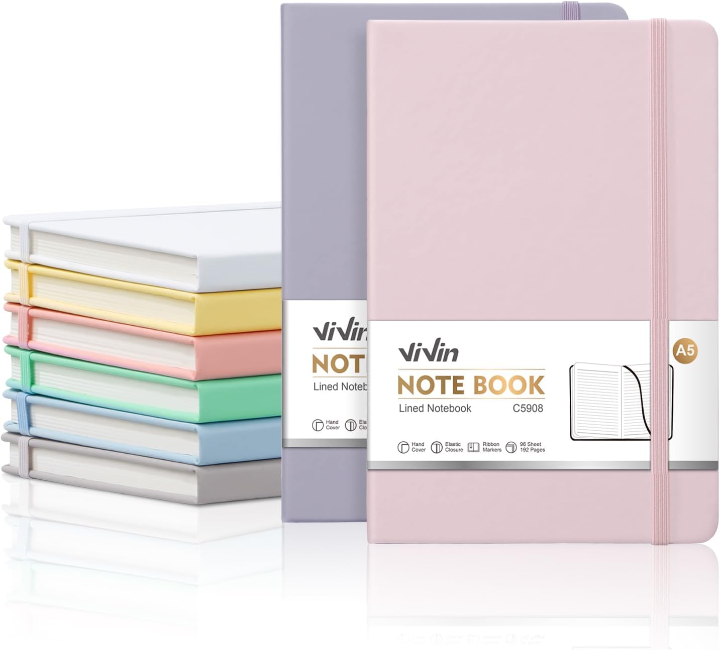 ViVin Lined Journal Notebooks for Work, 192 Pages, Medium 5.5 x 8.3 inch, College Ruled, A5 Hardcover Journaling Notebooks for Writing, 8 Pack Bulk,Black