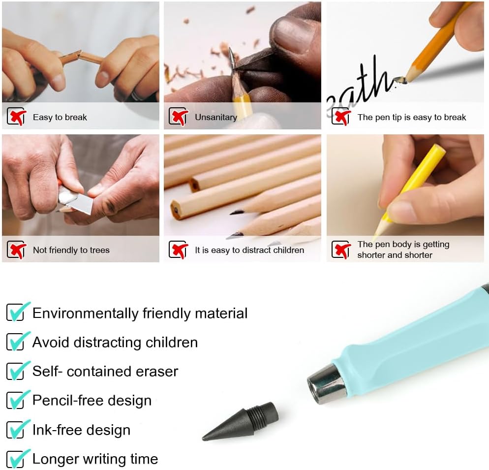Ainiv Inkless Pencil with Eraser - 5 Sets Infinity Pencil, Reusable with Extra 5 Eraser & 5 Replaceable Nibs for Home, Office & School Writing, Drawing