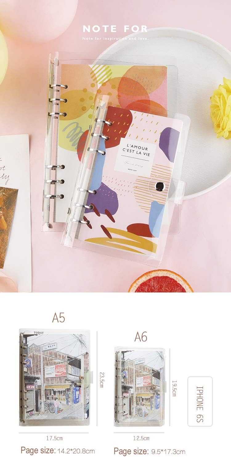 A6 A5 6-Holes Colorful PVC Cover Round Ring View Binder with Snap Button Closure File Folder for Loose Leaf Sheet Protectors Notebook Refill (Pink Daisy, A5 Mini Set) - Colors A