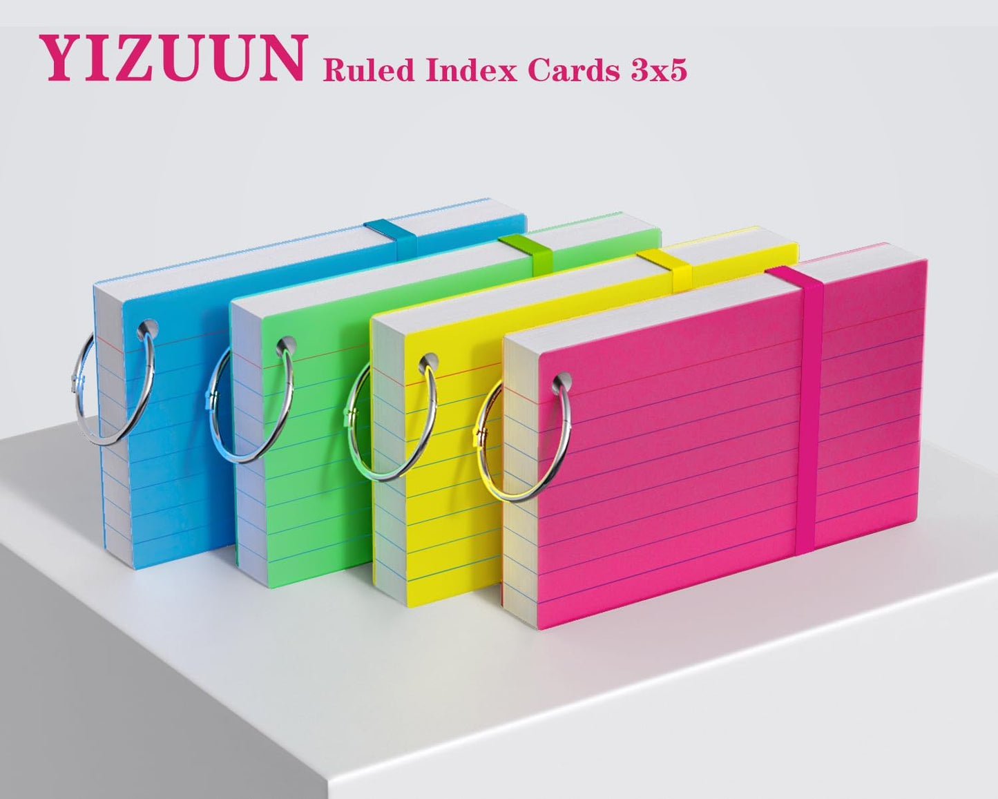 YIZUUN Index Cards 3x5, Flash Cards with Ring, 200 PCS, Ruled Note Cards, Flash Cards for Studying, 4 Packs of 50 sheets, 3x5 Note Cards for Office, Home, School