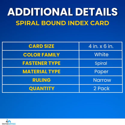 1InTheOffice Index Cards 4 x 6 Ruled, Spiral Bound, 120 White Cards/Spiral (2 PACK)