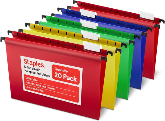 Staples Hanging File Folders, Letter Size, Assorted Colors, Water‑Resistant, 5‑Tab, Includes Tabs & Inserts – 20/Pack
