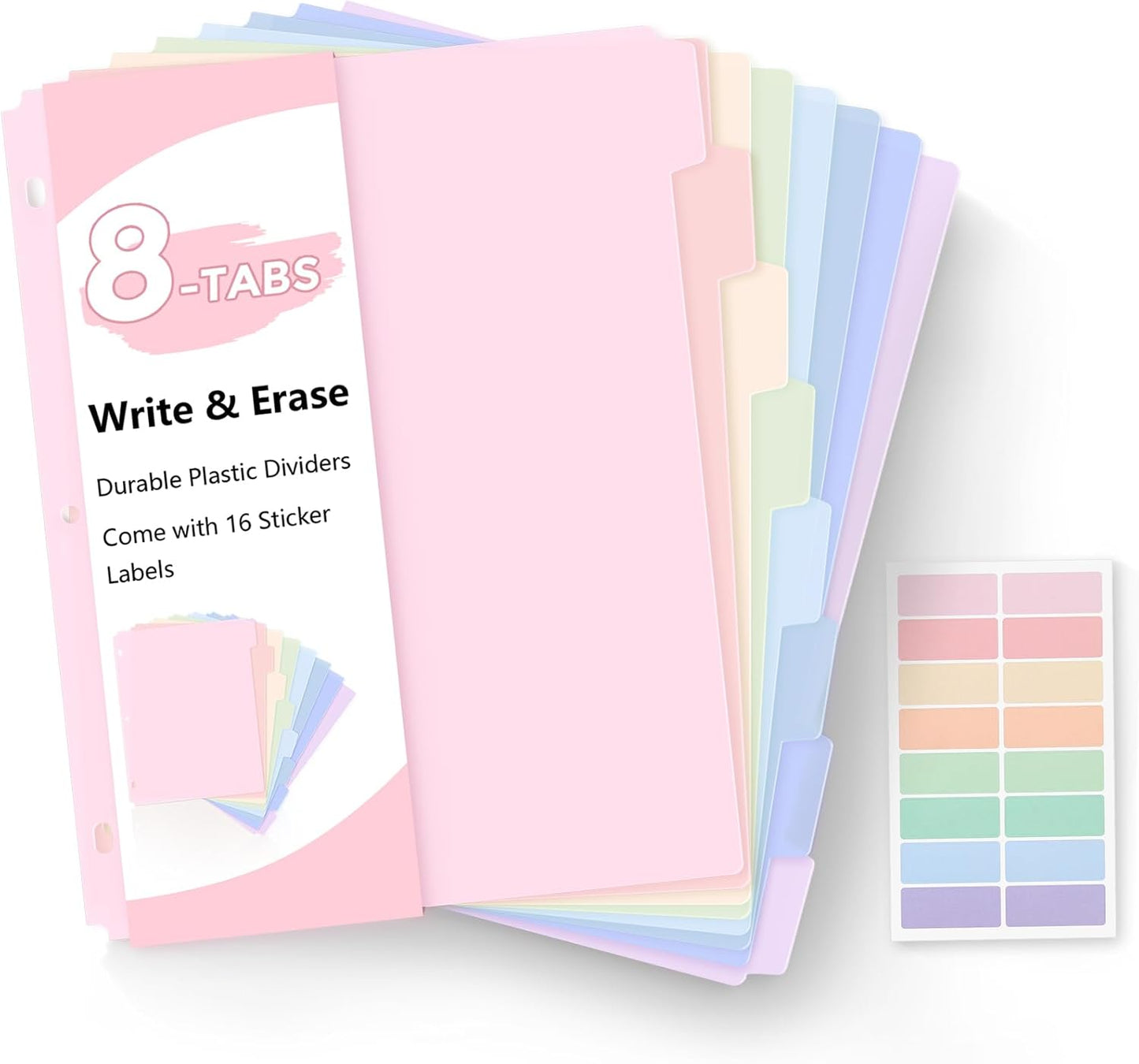 SKYDUE 8 Tab Durable Plastic Dividers, Big Tab Dividers for 3 Ring Binder, Letter Size,Write & Erase Binder Dividers with Tabs, with Sticker Labels, 1 Set, Aesthetic Pastels Binder Dividers