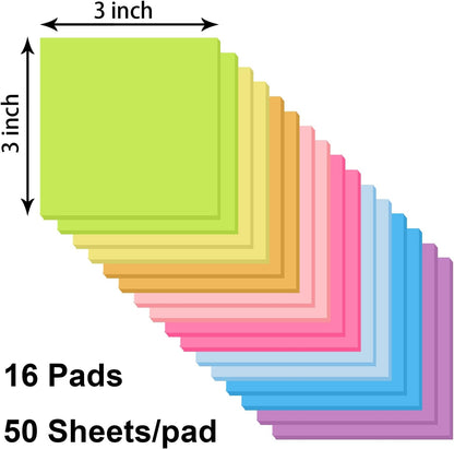 16 Pads Sticky Notes 3x3 Inches, Bright Colors Self-Stick Pads, Sticky Note Pads, Easy to Stick for Home, Office, Notebook