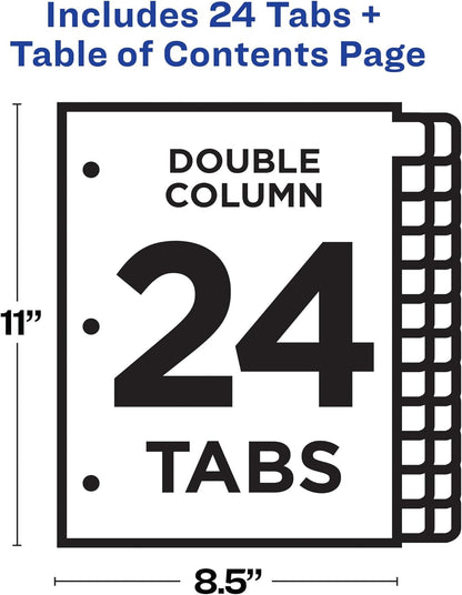 Avery Double Column 24 Tab Dividers for 3 Ring Binders, Customizable Table of Contents, Multicolor Tabs, 1 Set (11321)