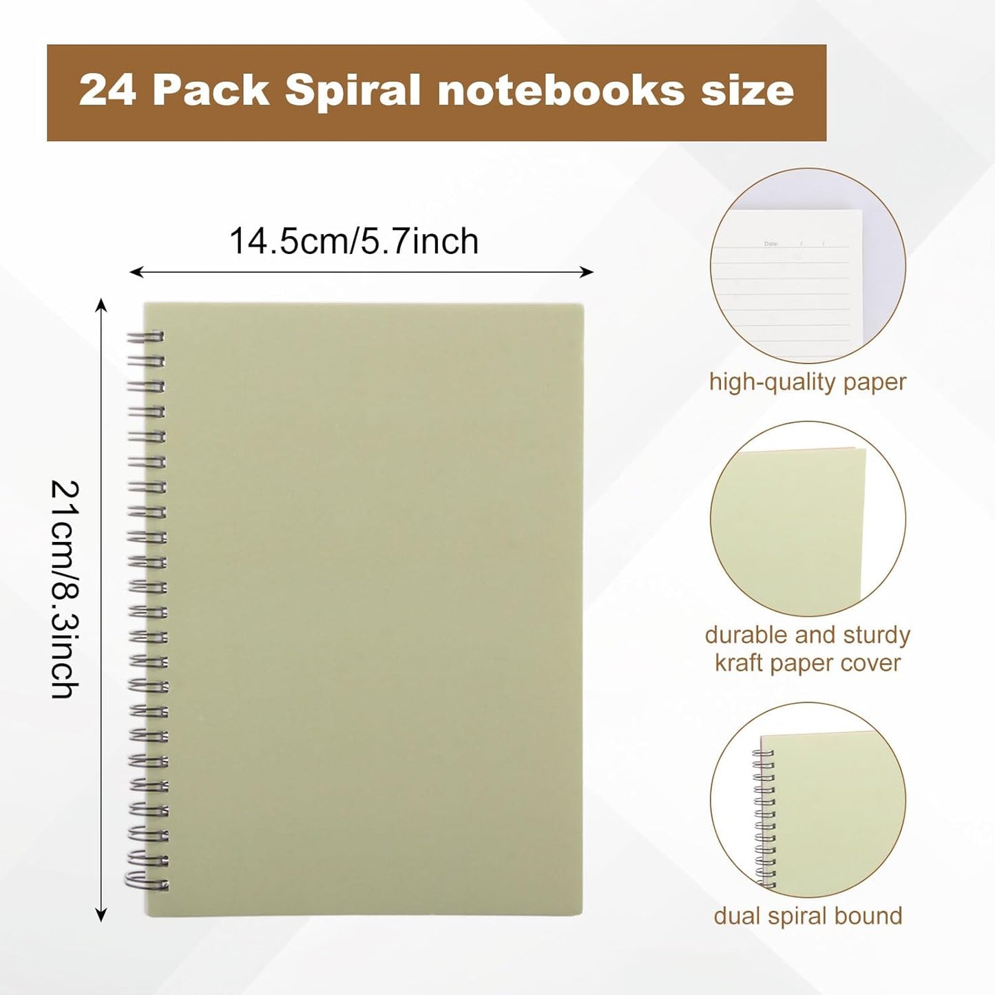 MIVIDE 24 Pack A5 Bulk Spiral Notebooks with Kraft Cover, 8.3 x 5.8 Inch 120 Pages Hardcover Spiral Lined Notebook Journal, Lined Travel Bulk Writing Notebook for School Office Supplies(Black, Kraft)