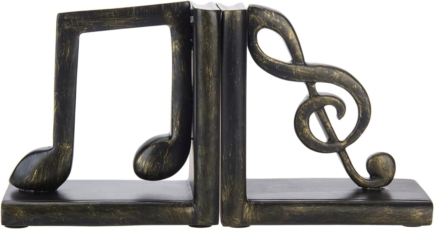 MyGift Tabletop Decorative Bookends, Elegant Brown Resin L-Shaped Desktop Book End Holders with Sculpted Musical Notes, 2 Piece Set