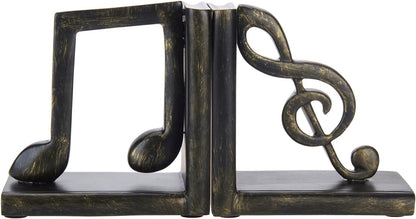 MyGift Tabletop Decorative Bookends, Elegant Brown Resin L-Shaped Desktop Book End Holders with Sculpted Musical Notes, 2 Piece Set