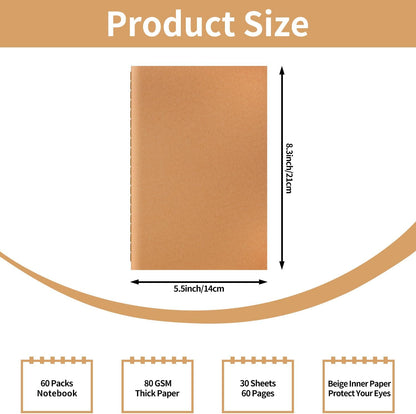 24 Pack A5 Ruled Lined Kraft Notebooks Bulk, Journaling Notebooks, A5 Lined College Ruled Notebook, 8.3x5.5 Inches 60 Pages Travel Journal Notebooks Set for Work, School, Student, Kids, Writing